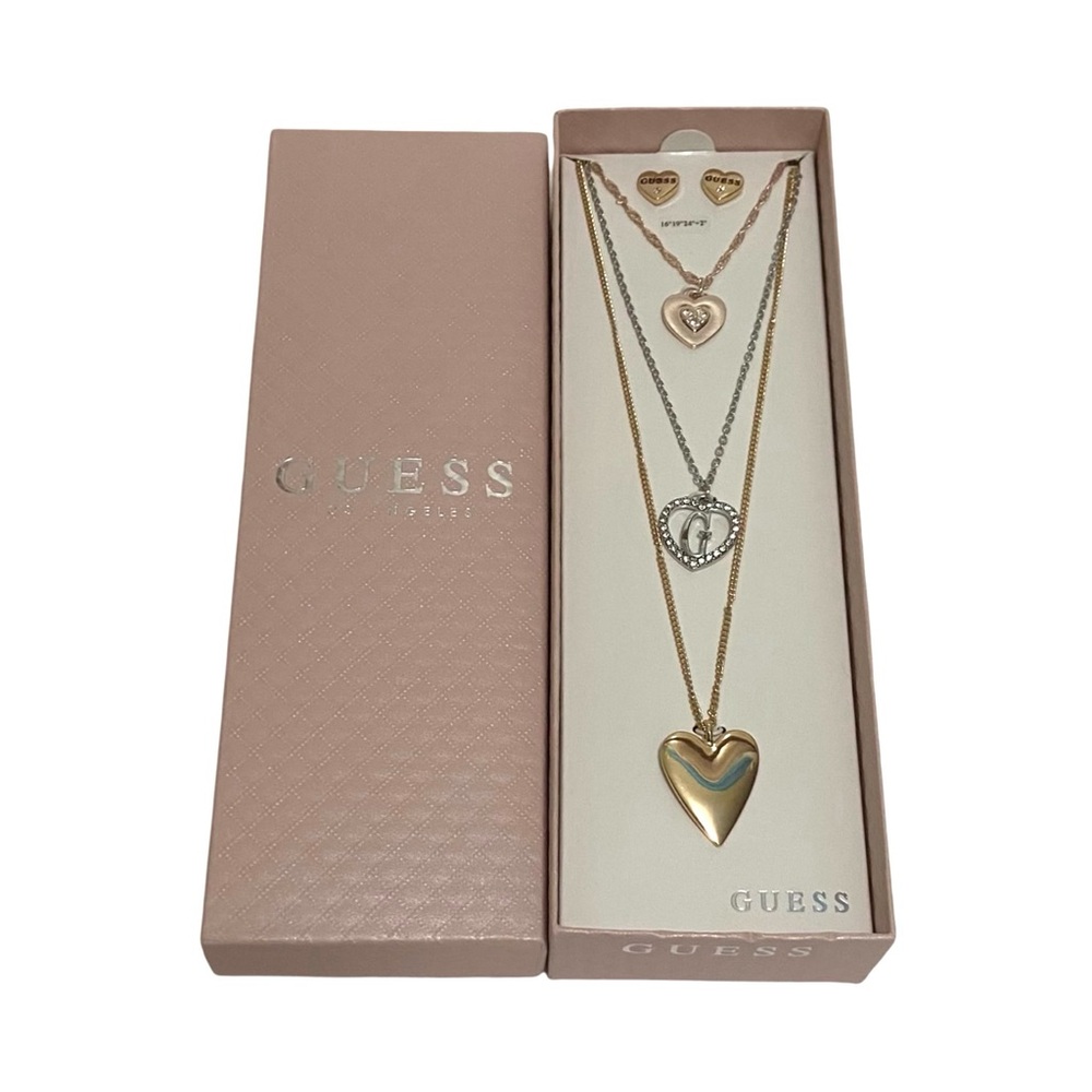 Guess Rose Gold Silver Gold Heart Triple 3 Layered Necklace Earrings Set